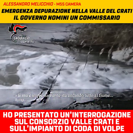 EMERGENZA DEPURAZIONE NELLA VALLE DEL CRATI, IL GOVERNO NOMINI UN COMMISSARIO