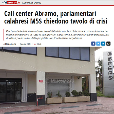 ABRAMO CUSTOMER CARE, I PARLAMENTARI CALABRESI DEL M5S CHIEDONO TAVOLO PERMANENTE AL GOVERNO