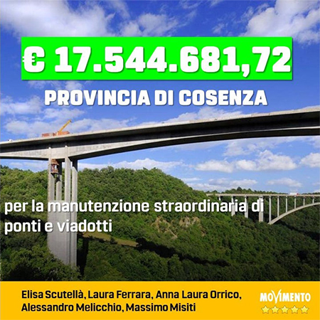 INFRASTRUTTURE: PIÙ DI 17 MILIONI DI EURO PER MANUTENZIONE DI PONTI E VIADOTTI IN PROVINCIA DI COSENZA